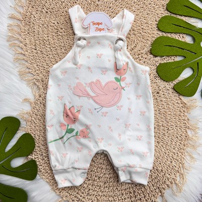  Jardineira Nózinho - Passarinha com Flores - Off White e Rose